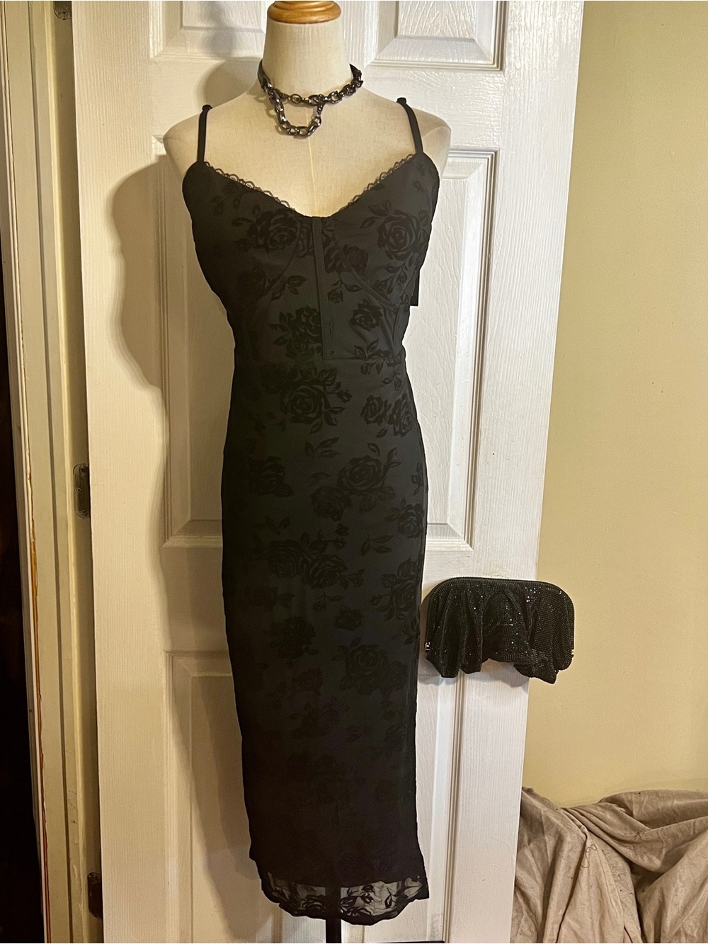 New Black Rose Print Velvet Burnout Corset Coquette Midi Slip Dress 1X